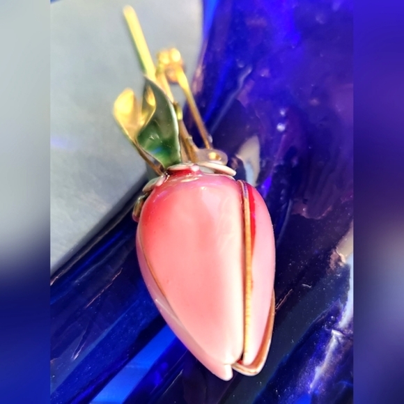 40s SANDOR CO Rose Pink Tulip Bud Olive Green Leaves Enamel Gold RARE Pin Brooch - Picture 8 of 16